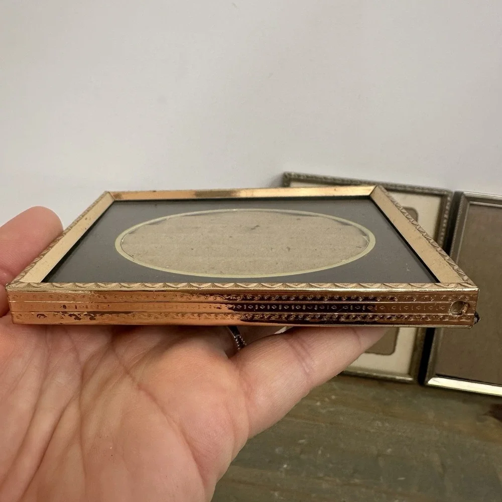Vintage 4 Gold Tone Brass Art Deco Standing Folding Shelf Picture Frames Mini